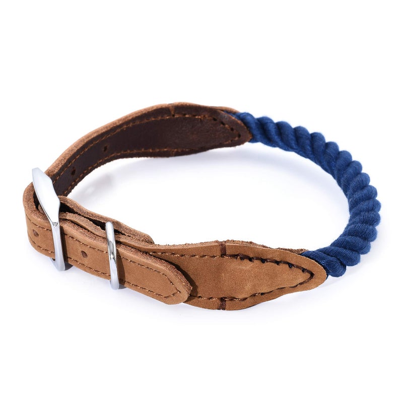 Mile High Life Rope Dog Collar | Durable Braided Cotton Rope Collars | Genuine Leather Dog Collar w Metal Pin Buckle | Classic Puppy Collars for Large Dog (Navy) - Image 4